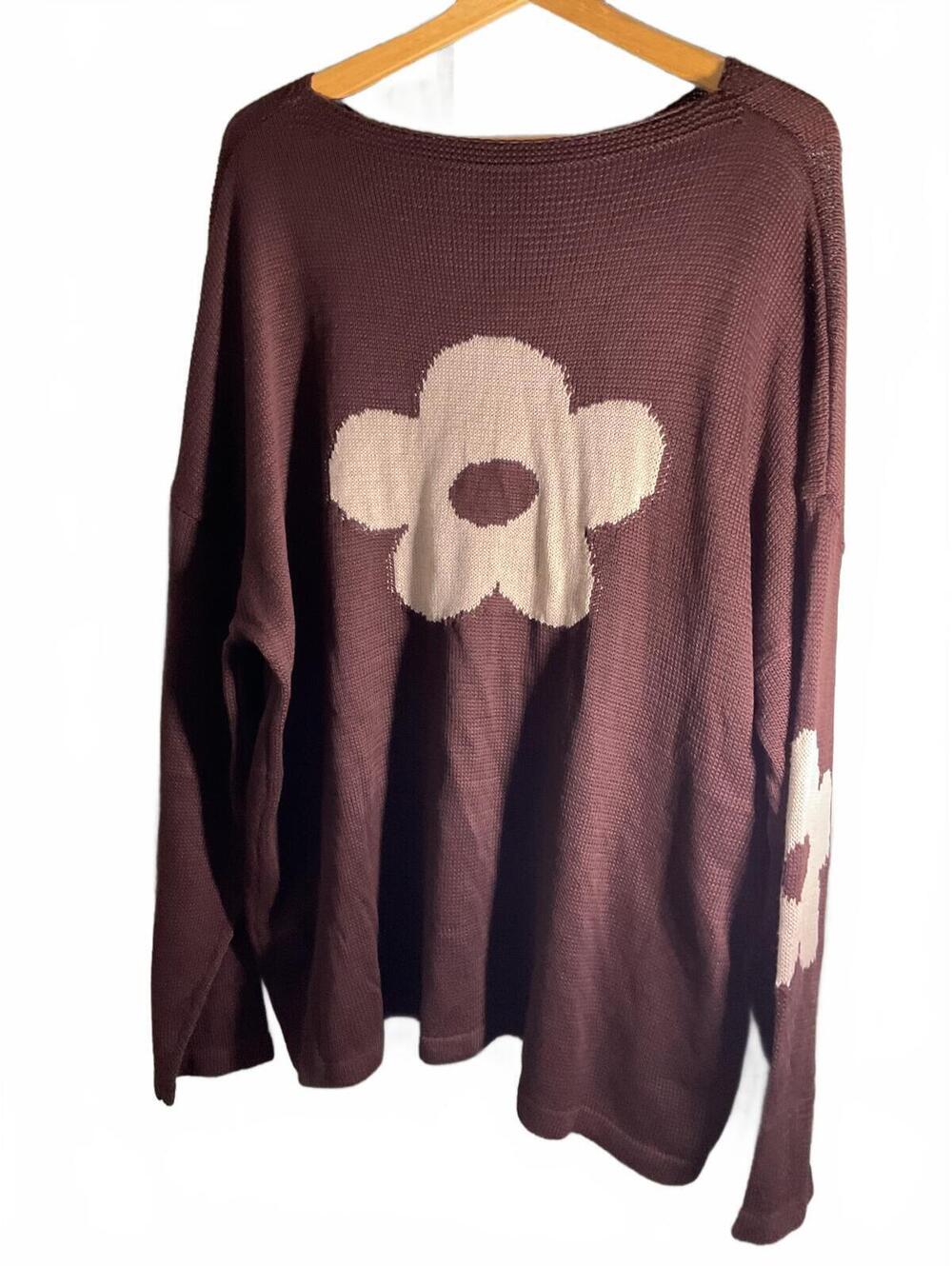 Lightweight Brown Open Knit Sweater with Tan Flower Design 3X Oversized